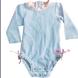 💙 Ruffle Butts Seersucker Baby Swimsuit 🤍